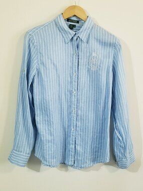 Lauren Ralph Lauren Linen Blue Stripe Roll Tab Sleeve Button Up Shirt - Medium